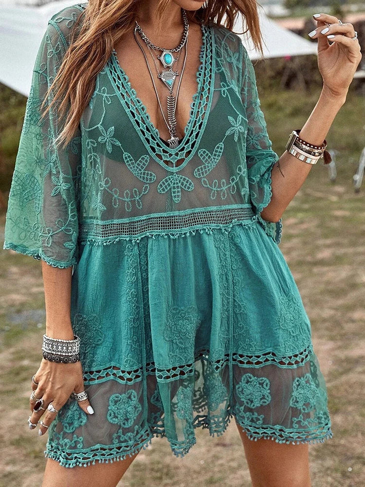 Emma | Damen Bademode-Cover-Up mit Kontrastspitze, V-Ausschnitt, locker sitzend