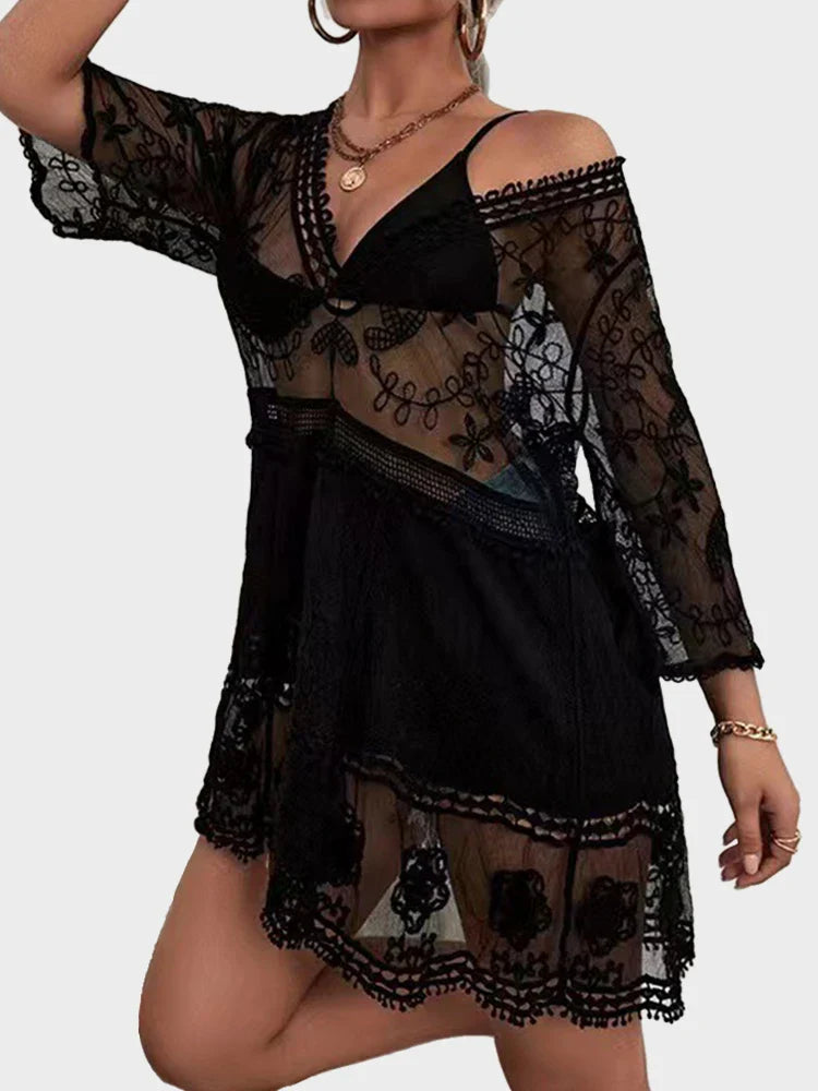 Emma | Damen Bademode-Cover-Up mit Kontrastspitze, V-Ausschnitt, locker sitzend