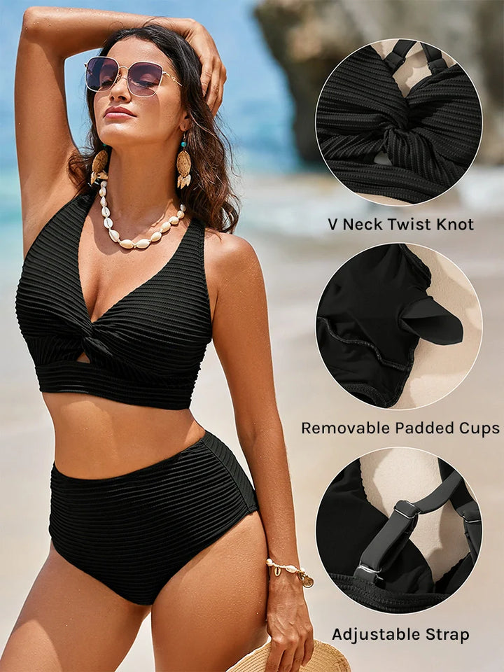 Hannah | Nahtloses, strukturiertes Bikini-Set mit Twist-Front und hoher Taille