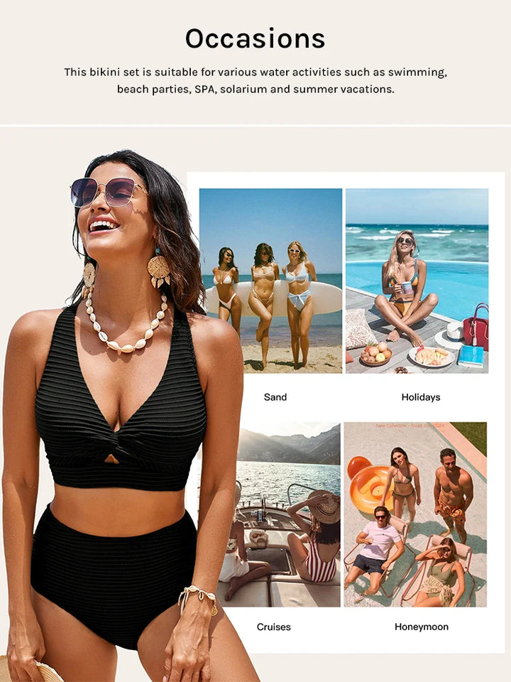 Hannah | Nahtloses, strukturiertes Bikini-Set mit Twist-Front und hoher Taille