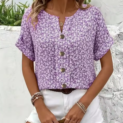 Amira | Luftige Bluse mit Blumenmuster & Holzknopf-Details