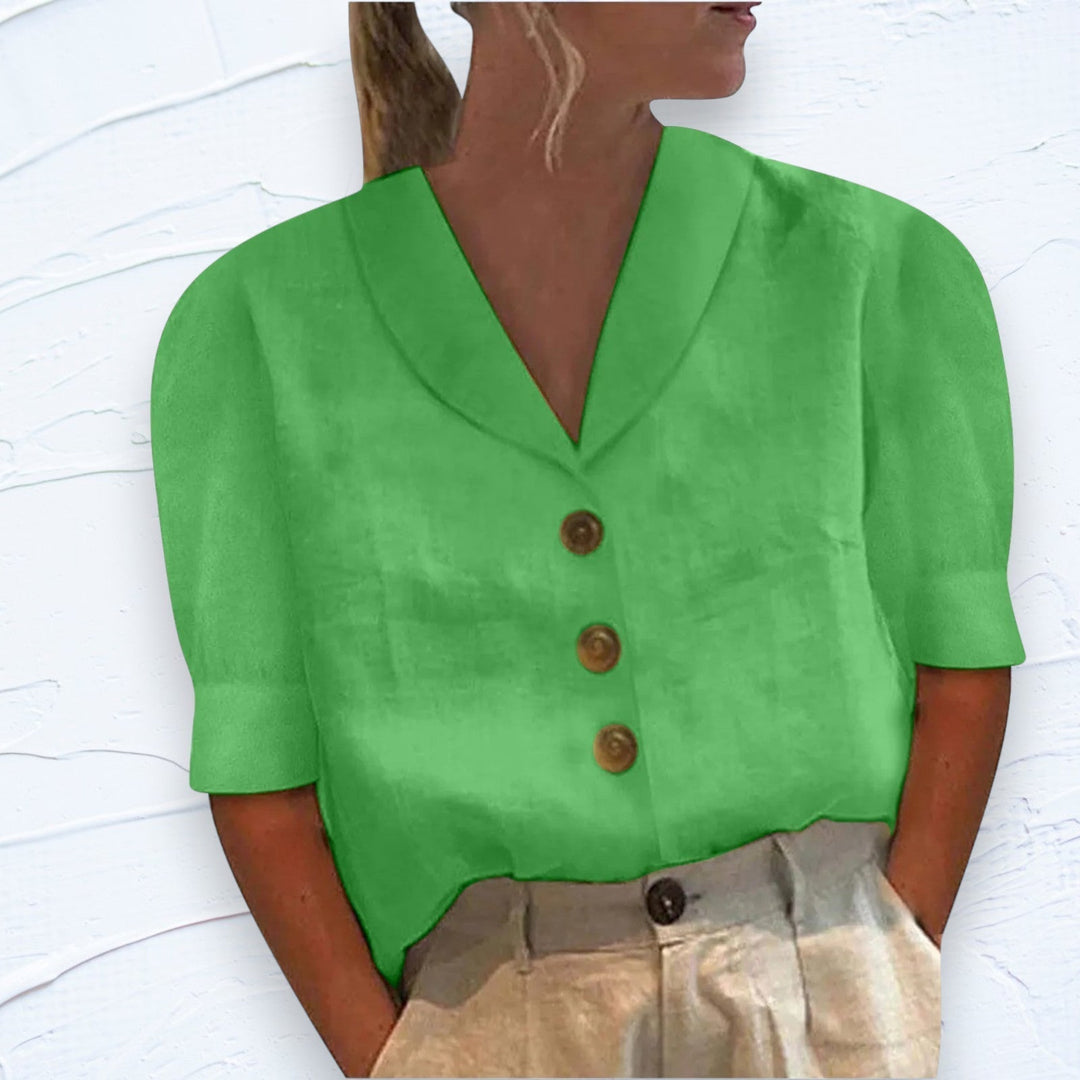 Yvonne | Retro-Chic – Bluse mit Knopfleiste und geknotetem Vorderteil