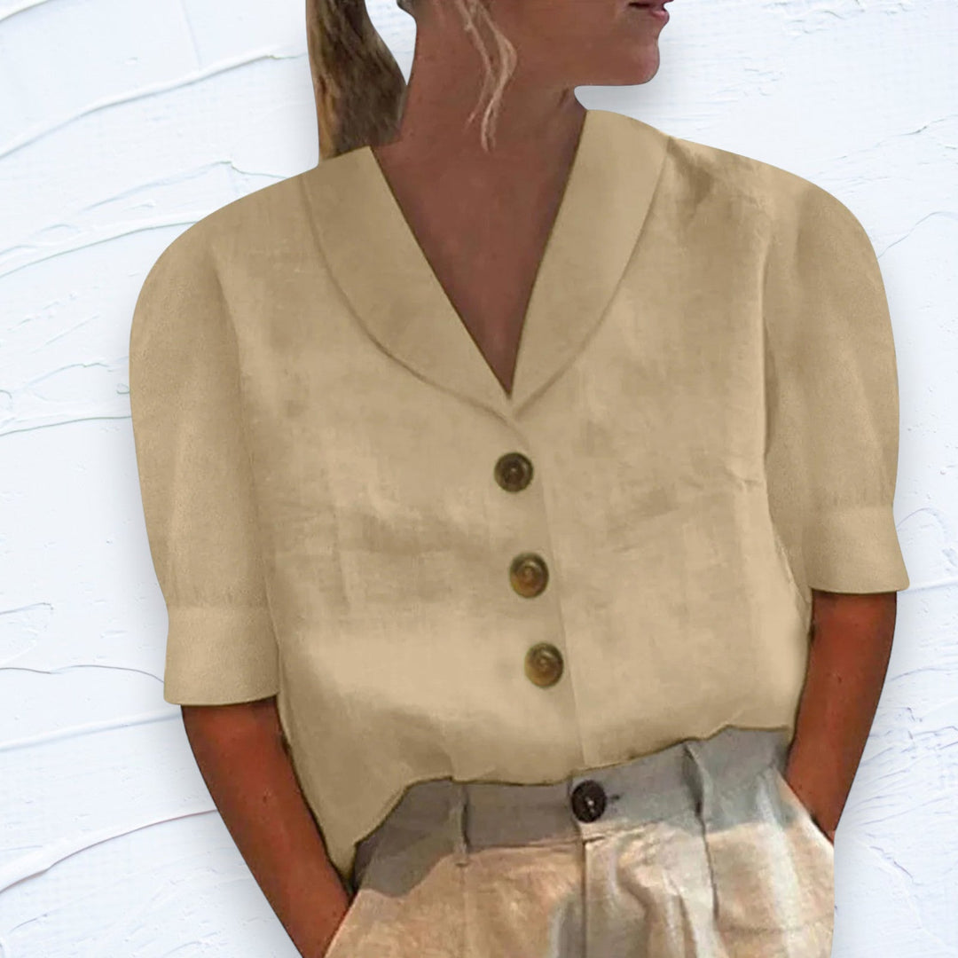 Yvonne | Retro-Chic – Bluse mit Knopfleiste und geknotetem Vorderteil