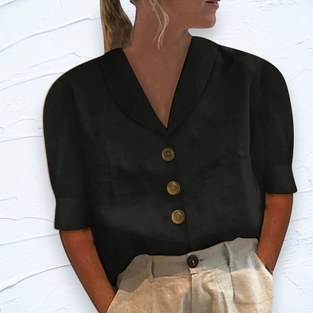 Yvonne | Retro-Chic – Bluse mit Knopfleiste und geknotetem Vorderteil
