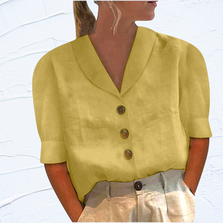 Yvonne | Retro-Chic – Bluse mit Knopfleiste und geknotetem Vorderteil