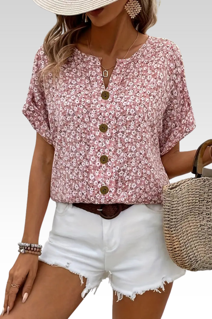 Amira | Luftige Bluse mit Blumenmuster & Holzknopf-Details