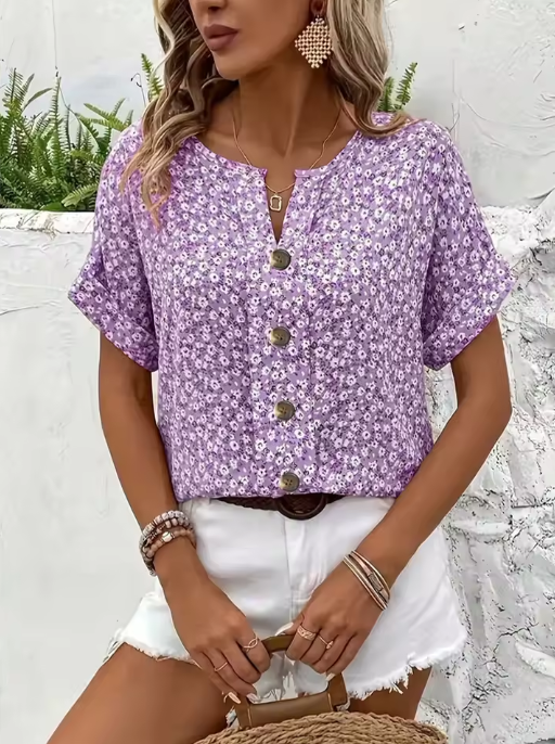 Amira | Luftige Bluse mit Blumenmuster & Holzknopf-Details