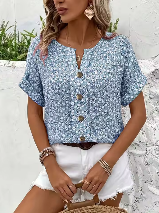Amira | Luftige Bluse mit Blumenmuster & Holzknopf-Details