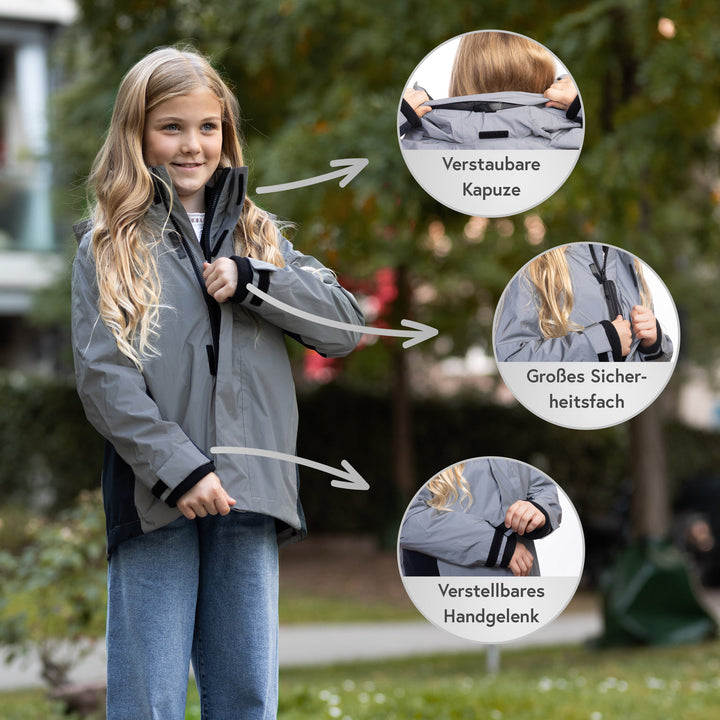 3in1 Smart Jacket Kinder – Verstaubare Kapuze, Sicherheitsfach und verstellbares Handgelenk